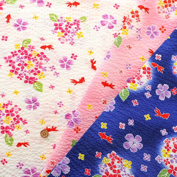 Cotton Ripple Printed Fabric - Hydrangea and Goldfish - nomura tailor