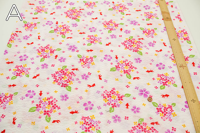 Cotton Ripple Printed Fabric - Hydrangea and Goldfish - nomura tailor