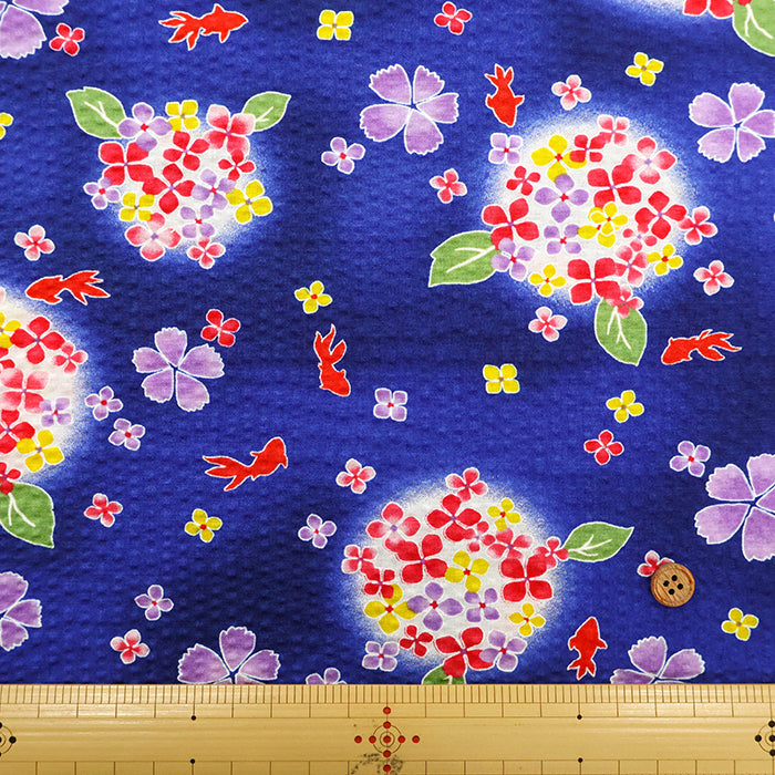 Cotton Ripple Printed Fabric - Hydrangea and Goldfish - nomura tailor