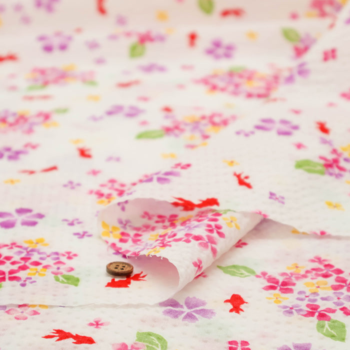 Cotton Ripple Printed Fabric - Hydrangea and Goldfish - nomura tailor