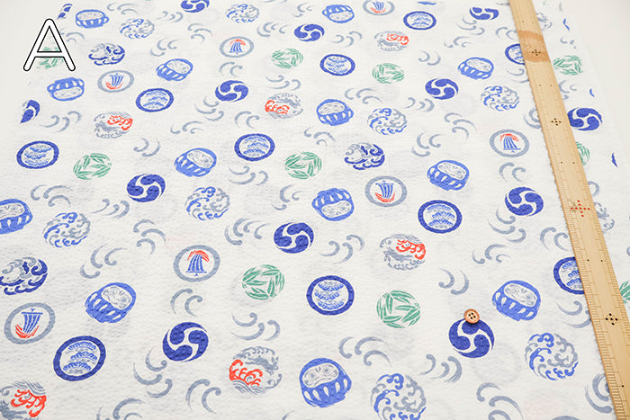 Cotton Ripple Printed Fabric -  Daruma Doll - nomura tailor