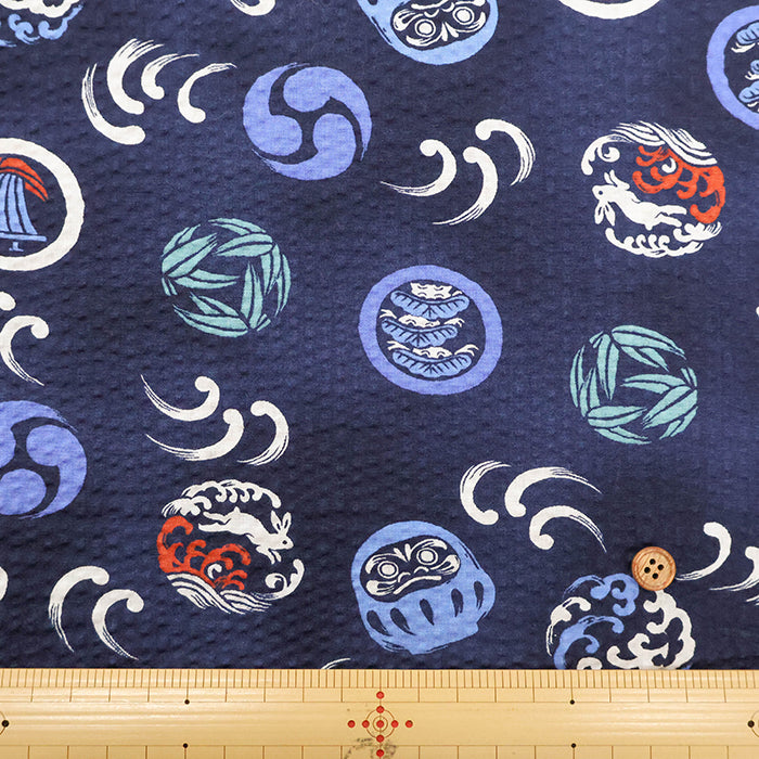 Cotton Ripple Printed Fabric -  Daruma Doll - nomura tailor
