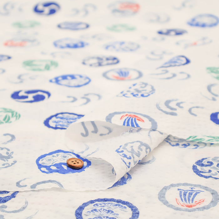 Cotton Ripple Printed Fabric -  Daruma Doll - nomura tailor