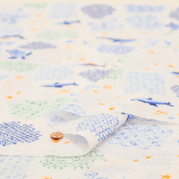 Cotton Ripple Printed Fabric - Whale - nomura tailor