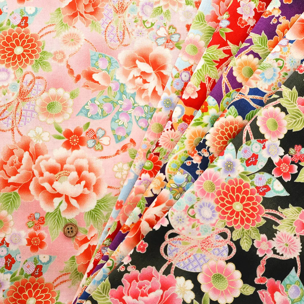 Cotton Sharting Printed Fabric - Hanakin Japanese Pattern - Peony, Chrysanthemum, Hollyhock and Drum - nomura tailor