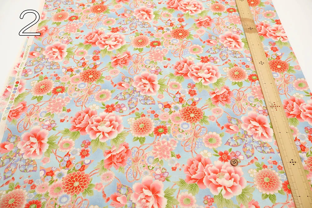 Cotton Sharting Printed Fabric - Hanakin Japanese Pattern - Peony, Chrysanthemum, Hollyhock and Drum - nomura tailor