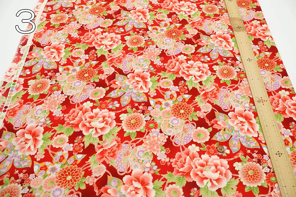 Cotton Sharting Printed Fabric - Hanakin Japanese Pattern - Peony, Chrysanthemum, Hollyhock and Drum - nomura tailor