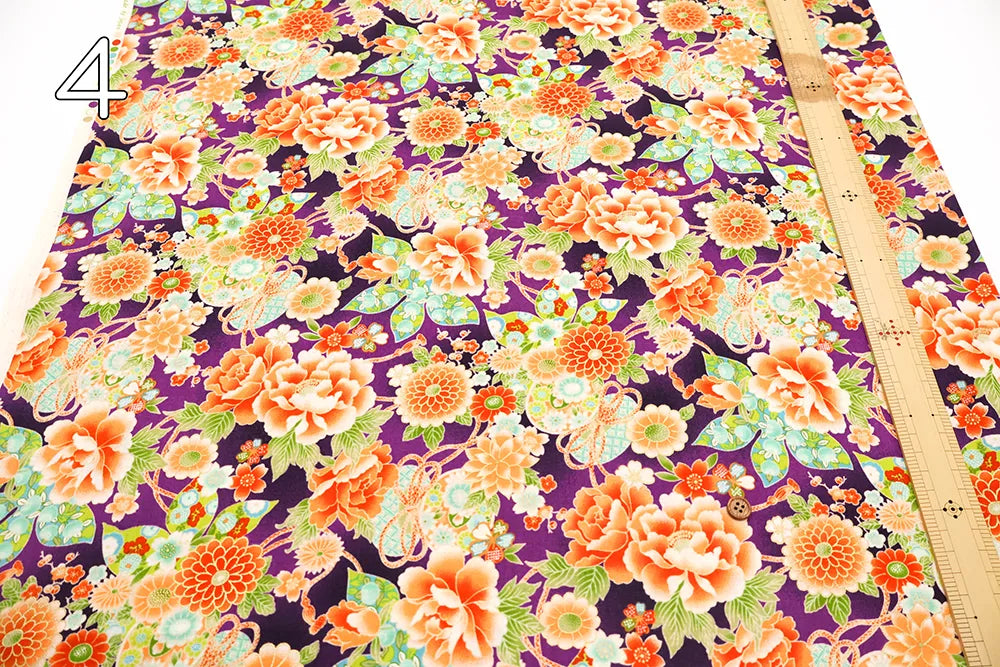 Cotton Sharting Printed Fabric - Hanakin Japanese Pattern - Peony, Chrysanthemum, Hollyhock and Drum - nomura tailor