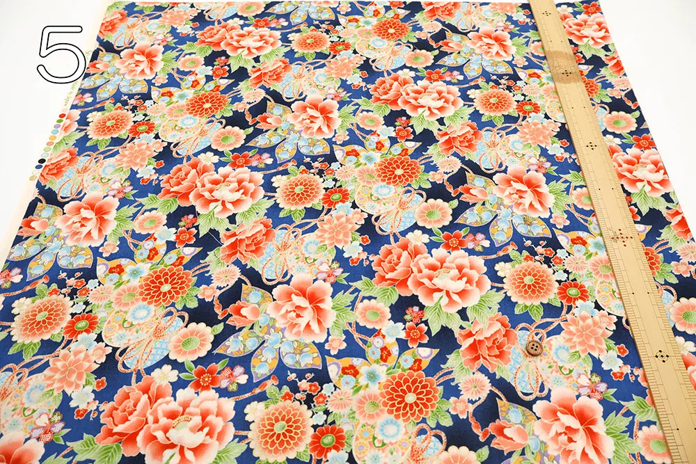 Cotton Sharting Printed Fabric - Hanakin Japanese Pattern - Peony, Chrysanthemum, Hollyhock and Drum - nomura tailor