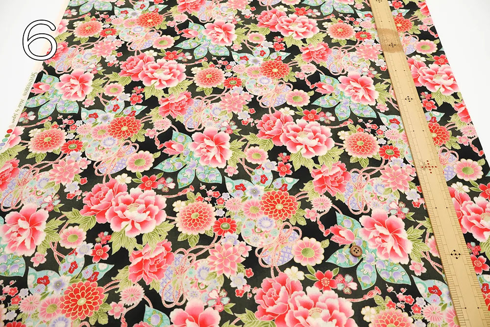 Cotton Sharting Printed Fabric - Hanakin Japanese Pattern - Peony, Chrysanthemum, Hollyhock and Drum - nomura tailor