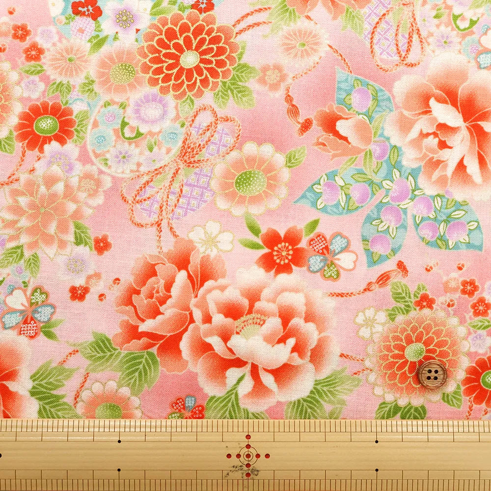 Cotton Sharting Printed Fabric - Hanakin Japanese Pattern - Peony, Chrysanthemum, Hollyhock and Drum - nomura tailor