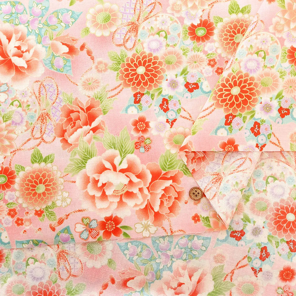 Cotton Sharting Printed Fabric - Hanakin Japanese Pattern - Peony, Chrysanthemum, Hollyhock and Drum - nomura tailor