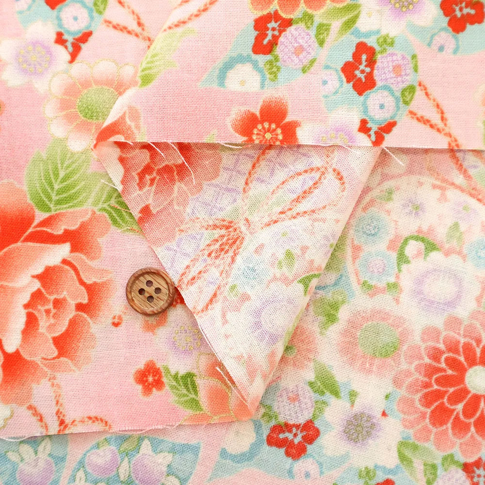 Cotton Sharting Printed Fabric - Hanakin Japanese Pattern - Peony, Chrysanthemum, Hollyhock and Drum - nomura tailor