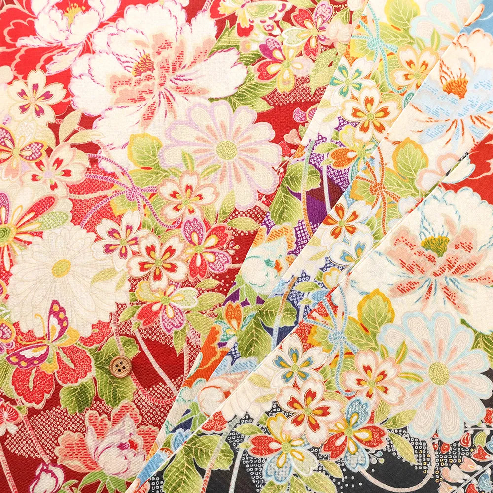 Cotton Sharting Printed Fabric - Hanakin Japanese Pattern - Kachofugetsu - nomura tailor
