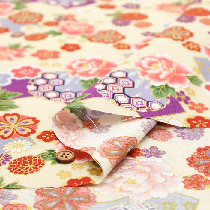 Cotton Sharting Lame (Glitter) Printed Fabric - Japanese Style Floral - nomura tailor