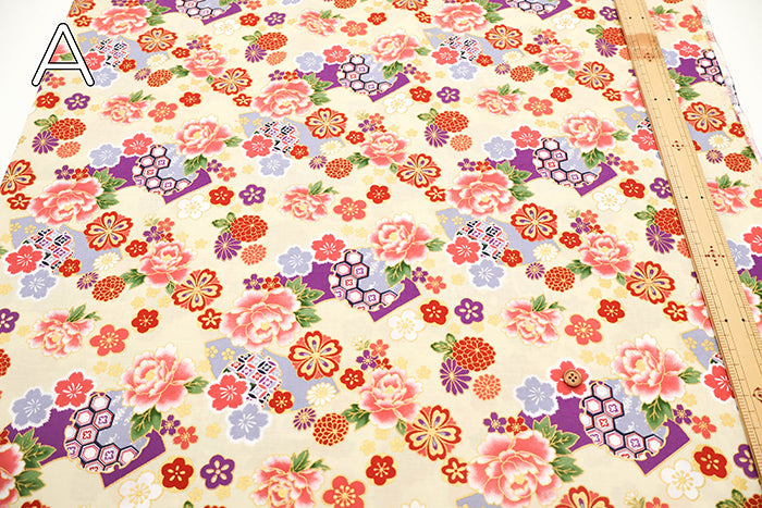 Cotton Sharting Lame (Glitter) Printed Fabric - Japanese Style Floral - nomura tailor