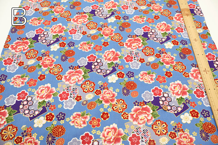Cotton Sharting Lame (Glitter) Printed Fabric - Japanese Style Floral - nomura tailor