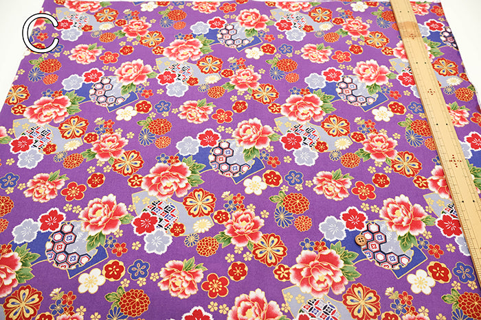 Cotton Sharting Lame (Glitter) Printed Fabric - Japanese Style Floral - nomura tailor