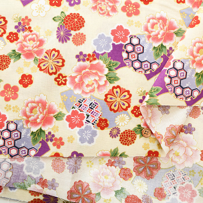 Cotton Sharting Lame (Glitter) Printed Fabric - Japanese Style Floral - nomura tailor