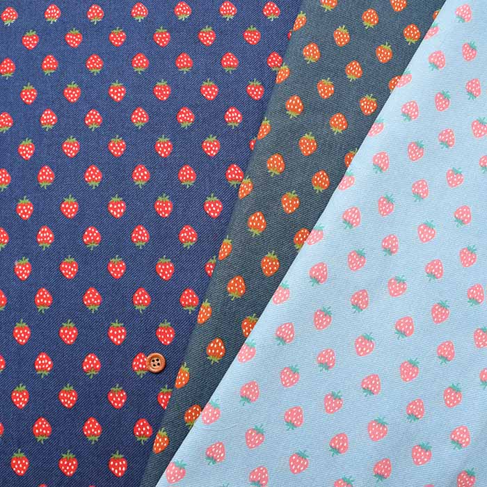 Cotton Sheeting Print Fabric Retro Denim Strawberry - nomura tailor