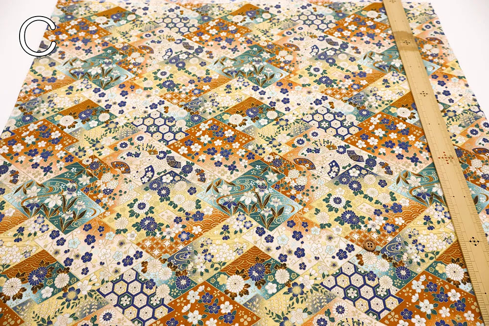 Cotton Sharting Printed Fabric - Japanese-style - Diamonds and Flowers - nomura tailor