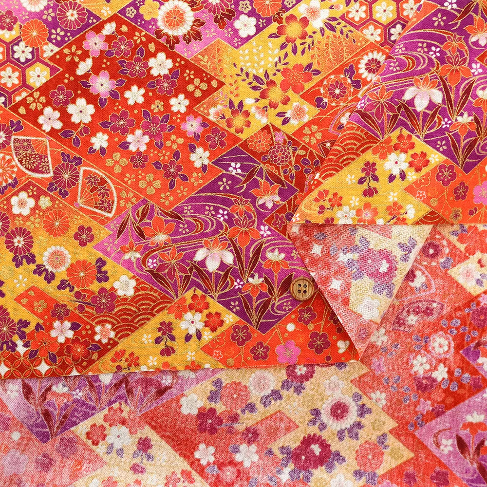 Cotton Sharting Printed Fabric - Japanese-style - Diamonds and Flowers - nomura tailor