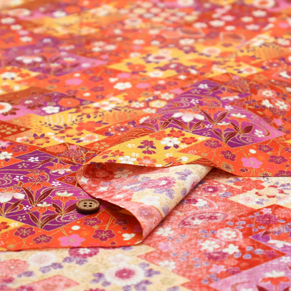 Cotton Sharting Printed Fabric - Japanese-style - Diamonds and Flowers - nomura tailor