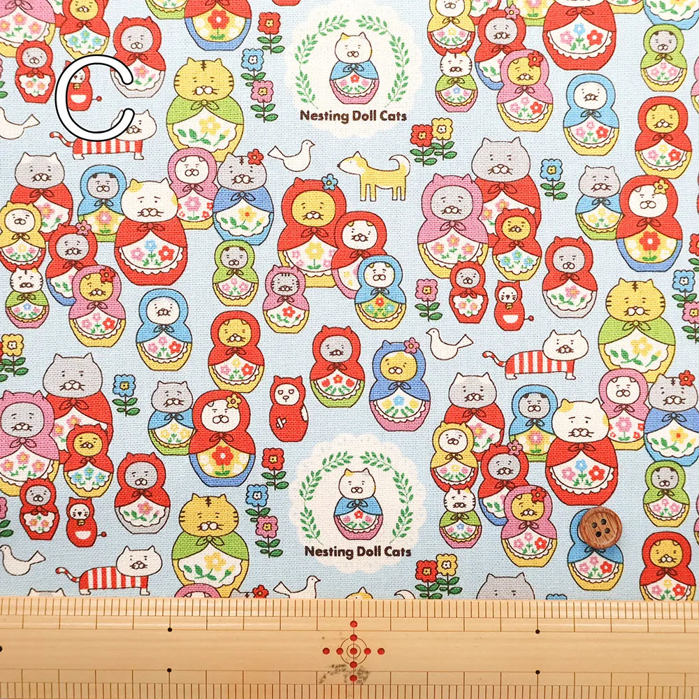 Cotton Canvas Printed Fabric ネコリョーシカ - nomura tailor