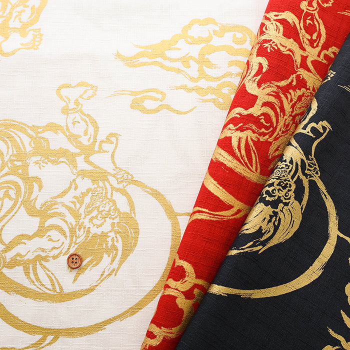 Cotton Dobby Gold Lame Print Fabric - Japanese Pattern God of Wind and God of Thunder - nomura tailor