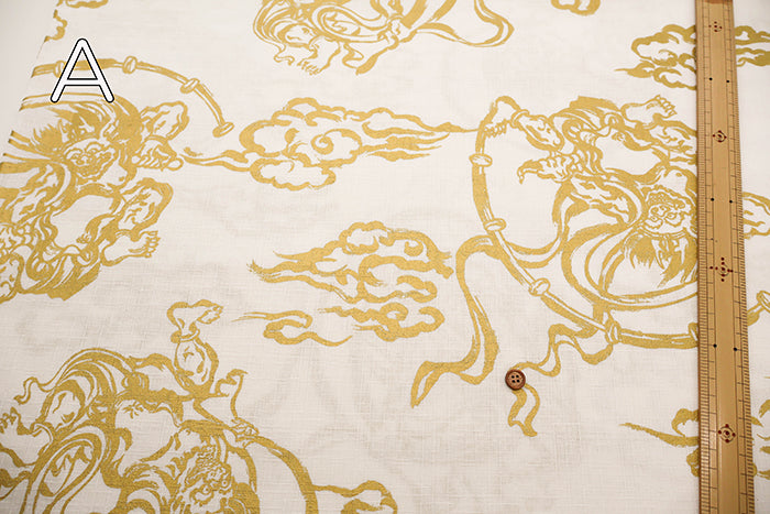 Cotton Dobby Gold Lame Print Fabric - Japanese Pattern God of Wind and God of Thunder - nomura tailor
