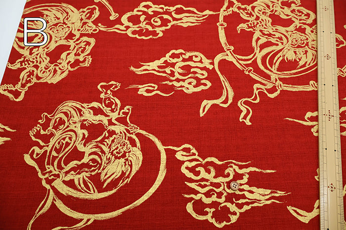 Cotton Dobby Gold Lame Print Fabric - Japanese Pattern God of Wind and God of Thunder - nomura tailor