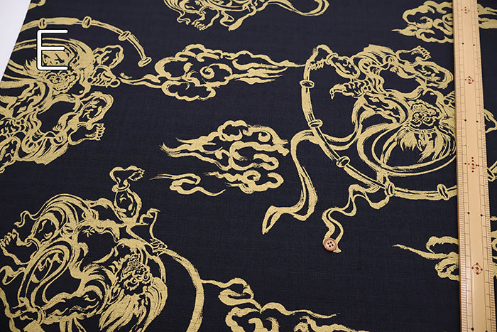 Cotton Dobby Gold Lame Print Fabric - Japanese Pattern God of Wind and God of Thunder - nomura tailor