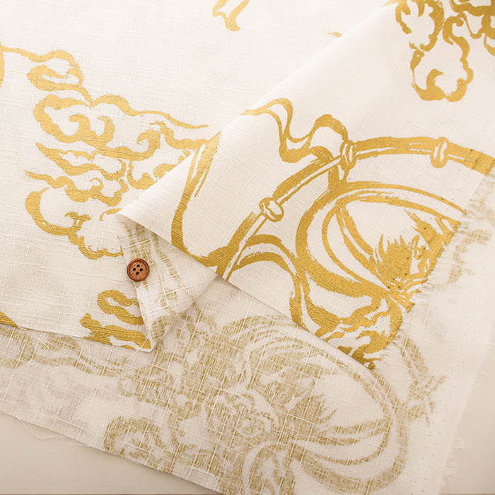 Cotton Dobby Gold Lame Print Fabric - Japanese Pattern God of Wind and God of Thunder - nomura tailor