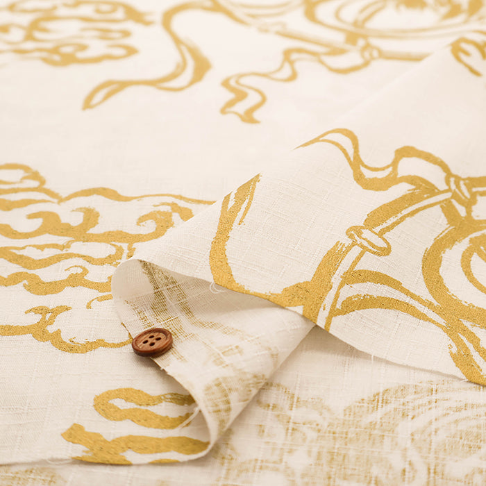Cotton Dobby Gold Lame Print Fabric - Japanese Pattern God of Wind and God of Thunder - nomura tailor