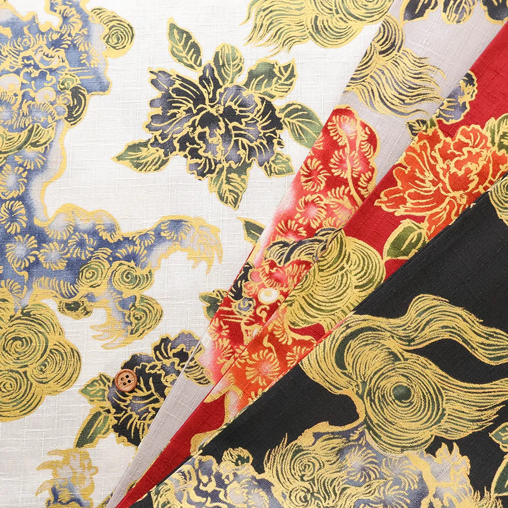 Cotton Dobby Lame (Glitter) Printed Fabric 和柄 獅子 - nomura tailor