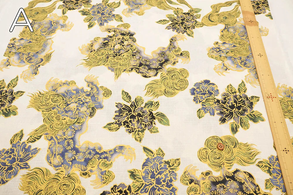 Cotton Dobby Lame (Glitter) Printed Fabric 和柄 獅子 - nomura tailor