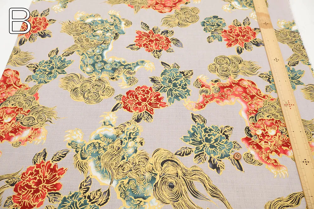 Cotton Dobby Lame (Glitter) Printed Fabric 和柄 獅子 - nomura tailor