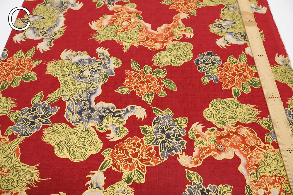 Cotton Dobby Lame (Glitter) Printed Fabric 和柄 獅子 - nomura tailor