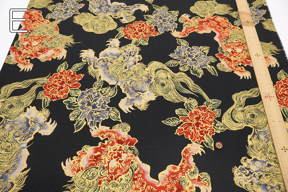 Cotton Dobby Lame (Glitter) Printed Fabric 和柄 獅子 - nomura tailor