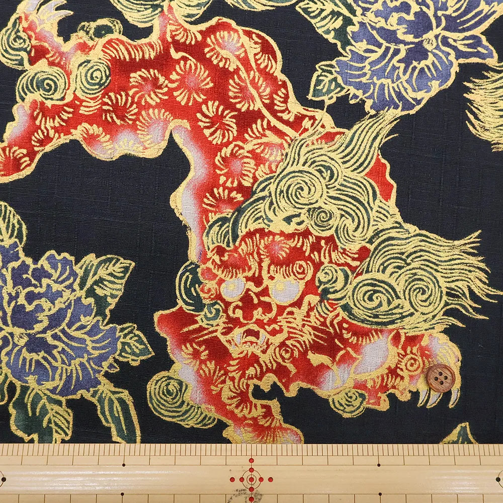 Cotton Dobby Lame (Glitter) Printed Fabric 和柄 獅子 - nomura tailor