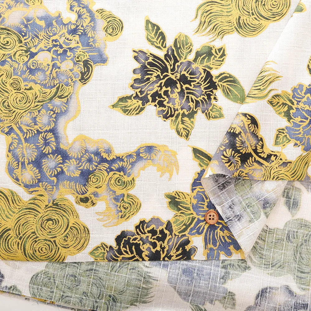Cotton Dobby Lame (Glitter) Printed Fabric 和柄 獅子 - nomura tailor