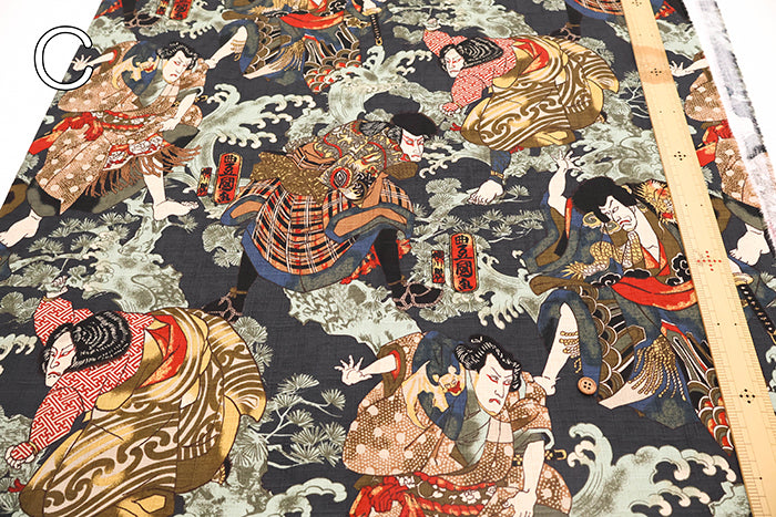 Cotton Dobby Printed Fabric - Japanese Pattern Ukiyo-e Style Warrior - nomura tailor