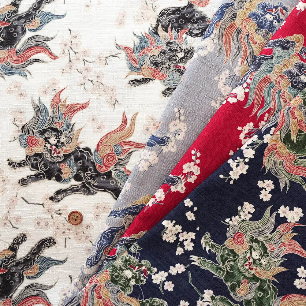 Cotton Dobby Printed Fabric - Lion and Cherry Blossoms - nomura tailor