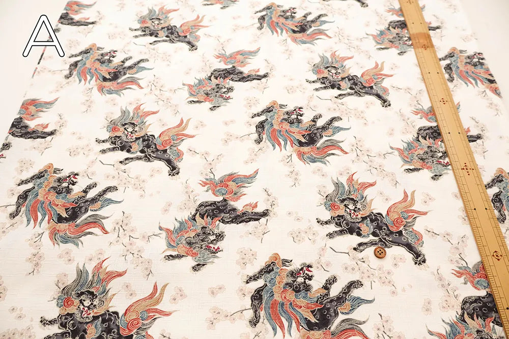 Cotton Dobby Printed Fabric - Lion and Cherry Blossoms - nomura tailor