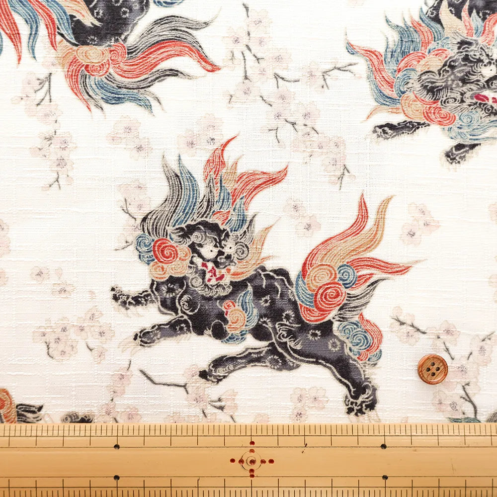 Cotton Dobby Printed Fabric - Lion and Cherry Blossoms - nomura tailor
