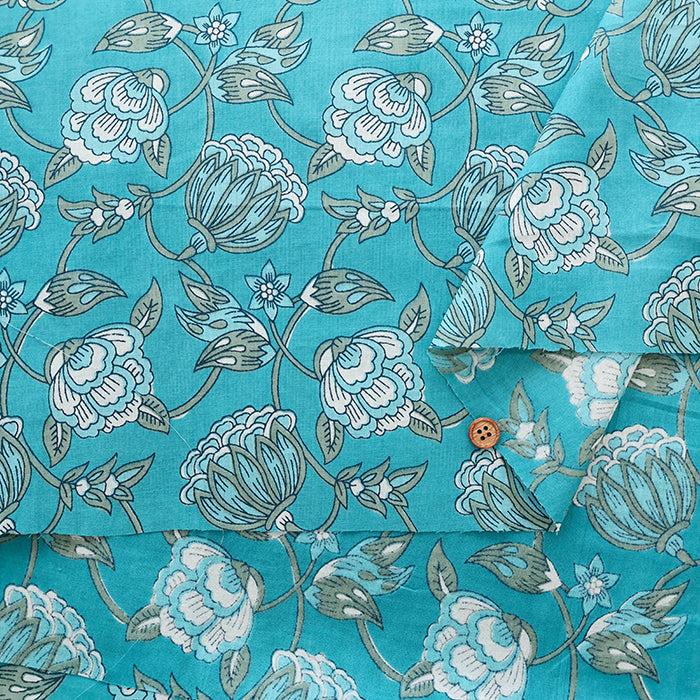 Made in India　Cotton Ethnic Blue Print Fabric - nomura tailor
