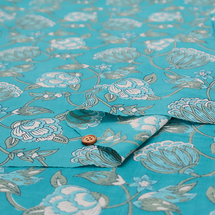 Made in India　Cotton Ethnic Blue Print Fabric - nomura tailor