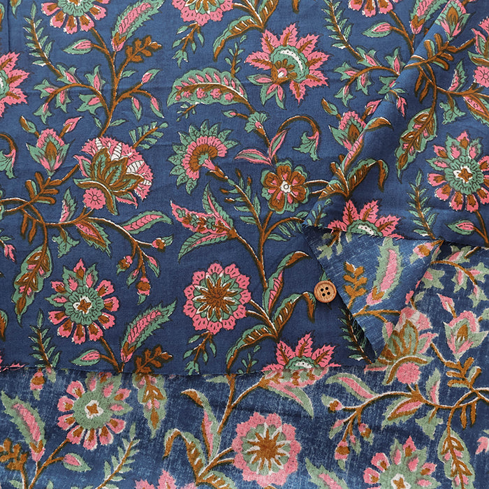 Made in India　Cotton Ethnic Blue Print Fabric - nomura tailor