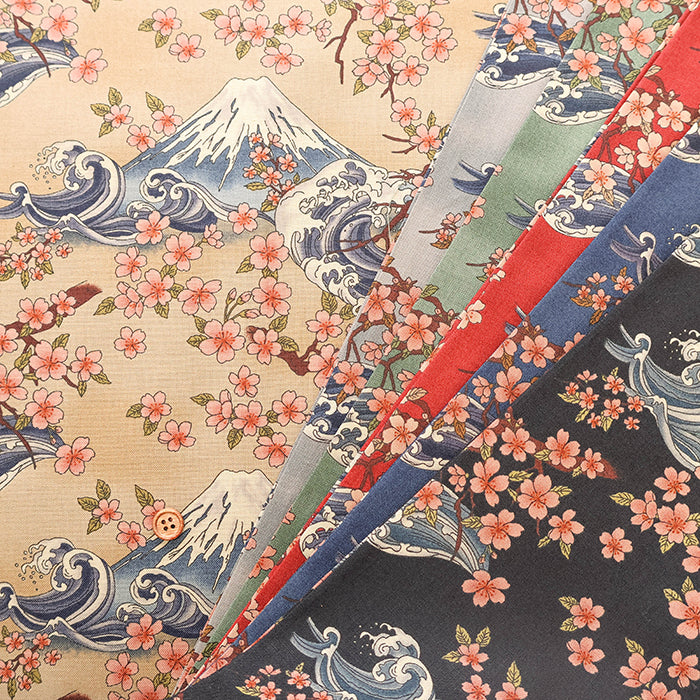 Cotton Sheeting Printed Fabric - Japanese Vintage Style Sakura and Fuji - nomura tailor