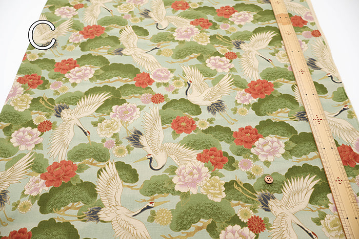 Cotton Muslin Printed Fabric - Japanese Pattern, Vintage-style Crane - nomura tailor